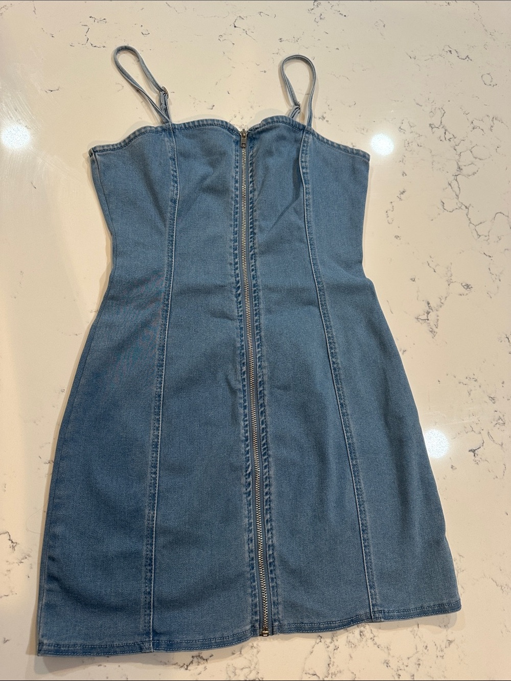 Denim Zip-Front Spaghetti Strap Dress